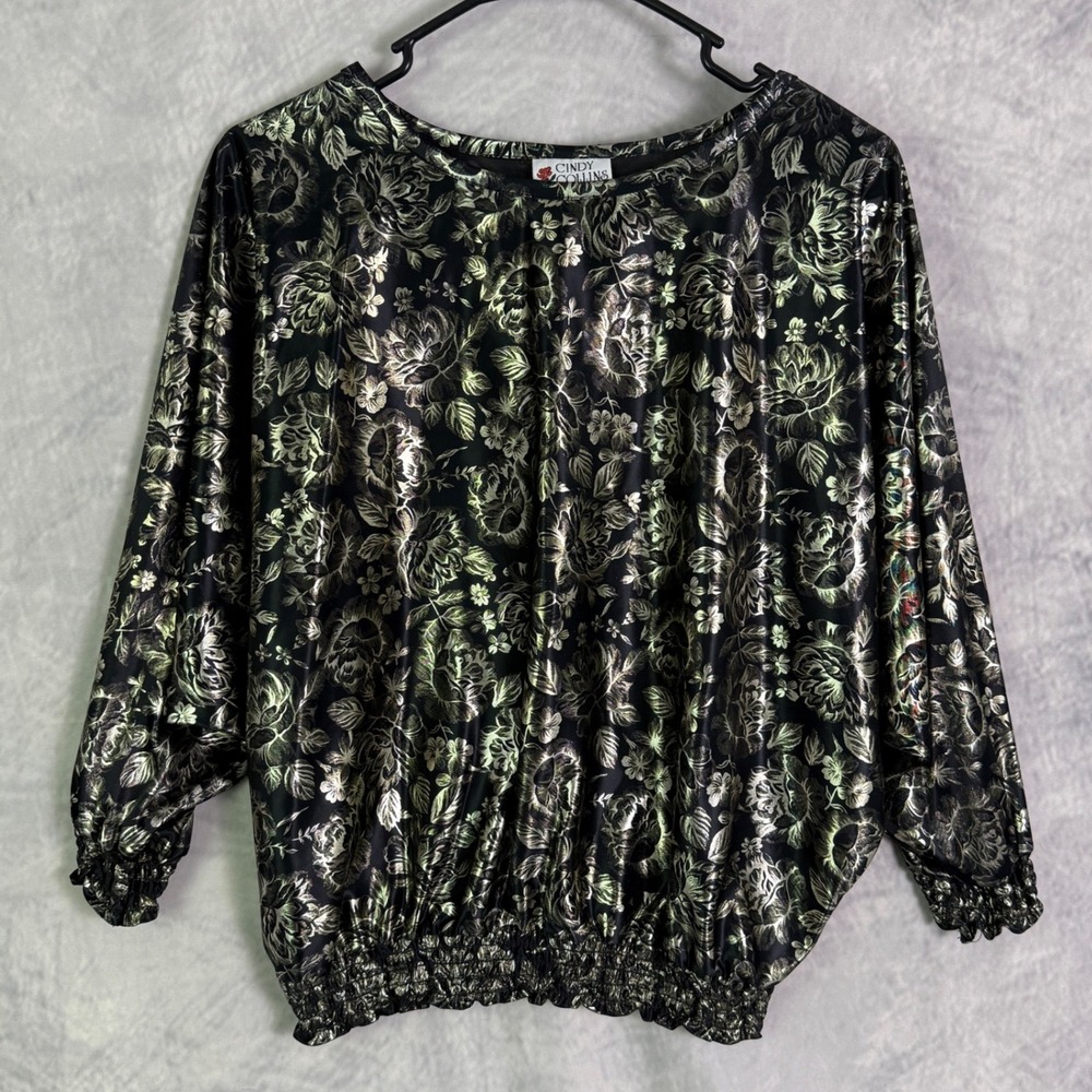 Vtg Whimsigoth Floral Metallic Gold Black‎ Top sz M Elastic Waist Witchy USA